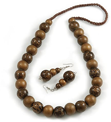 Avalaya Chunky Wood Bead Cord Necklace and Earring Set with Animal Print in Brown/ 76cm L