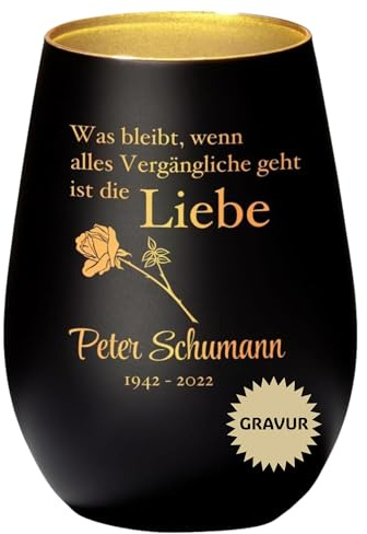 Schwarz-goldenes Gedenklicht mit Spruch ‚was bleibt,…ist die Liebe‘ mit Rose I Trauer Windlicht I Gravur mit Name I Erinnerungslicht