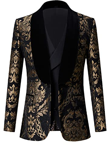 MORISTE Gold Floral Jacquard Smoking Anzugjacke Herren Schalkragen One Button Kleid Blazer Herren Hochzeit Dinner Party Kostüm Black L