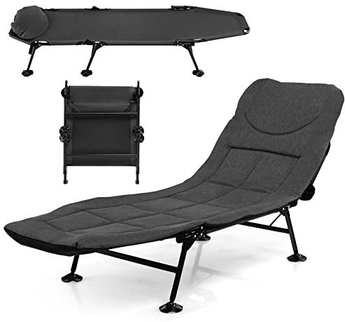 COSTWAY Karpfenliege mit Abnehmbarer Matratze und 6-Fach Verstellbarer Rückenlehne, klappbarer Feldbett bis 200 kg belastbar, Campingliege, Angelliege, Campingbett, 194 x 66 x 29 cm (Grau)