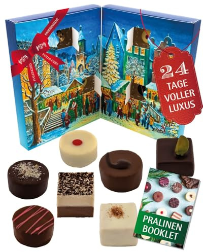 Hallingers Genuss Manufaktur Pralinen Adventskalender - ohne Alkohol, handmade aus Edelkakao in wertigem Softfeel-BuchKarton Weihnachtsmarkt, Weihnachtskalender für Frauen Männer