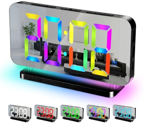 Sukeen Wecker Digital, 7,4 Digital Uhr, Spiegel Digitaler Wecker mit 11 Farben Digitalanzeige, 10 Modi RGB-Nachtlicht, USB-C-Ladeanschluss, Lautstärke,Helligkeit,Tischuhr für Schlafzimmer,Zimmer Deko