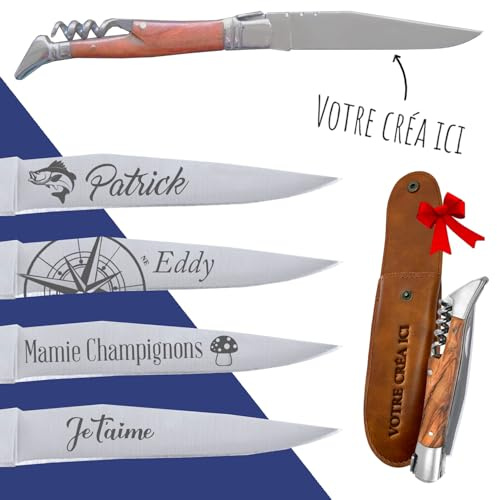 Couteau personnalisé avec Tire Bouchon - Couteau laguiole avec gravure pour prénom, message, date, etc… [ Couteau personnalisé homme ] (Laguiole)