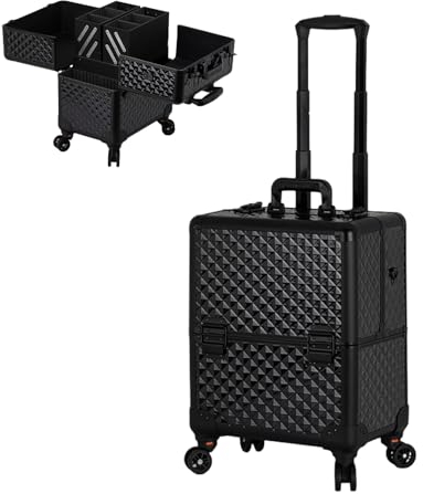 Kosmetikkoffer Alu Beauty Case, Professionelle Makeup Organizer Tasche Schminktasche Train Case Kosmetikkoffer Pilotenkoffer Beauty Case Reisetrolley Friseurkoffer Kosmetik Trolley, Schwarz