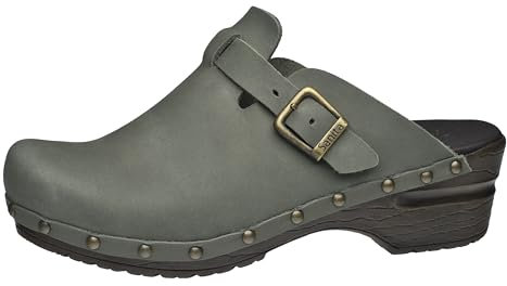Sanita | Sanila Offener Clog | Original handgemachte, Flexible Leder Clogs für Damen | Anatomisch geformtes Fußbett mit weichem Schaum | Khakigrün | 39 EU