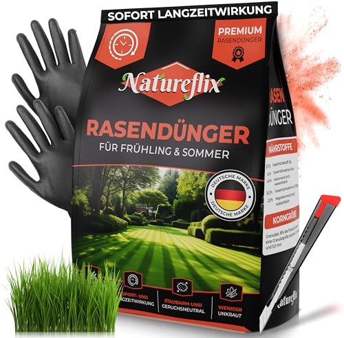 Natureflix Rasendünger Frühjahr & Sommer (2,5kg für 125m²) | Tierfreundlicher Langzeitdünger für jeden Rasen mit Moosverdrängung | (Staubarme Körnung 2-5mm) | Ideal für viele Streuwagen