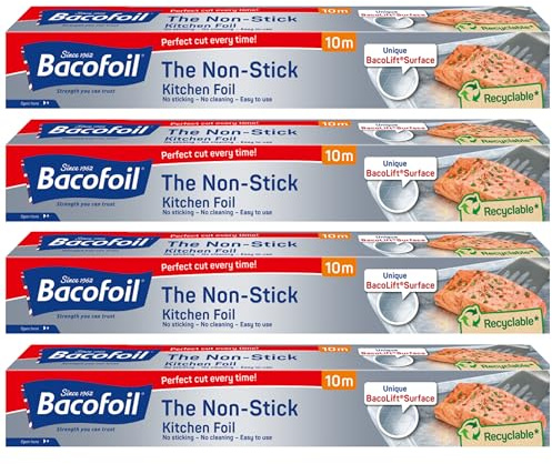 The Non-Stick Kitchen Foil Everyday Strength Easy Prep Easy Cook Easy Clean Suitable for Cooking Baking Roasting Turkey Freezing Wrapping and Storage - 300mm x 10m - Pack of 4