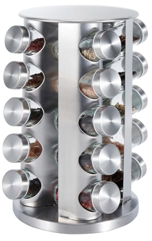 Buckingham 30922 - Estante giratorio de acero inoxidable que incluye vidrio, organizador de carrusel para especias y hierbas de cocina (20 tarros)