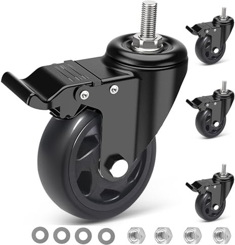 IQWTU Heavy Duty Castor with Brake, 100MM Furniture Castors with M10 X 30mm Screw Stem, PU Casters Trolley Wheels with Bolts, 4 Threaded Swivel Castors 360° Rotation up to 550KG