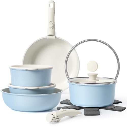 SODAY 15Pcs Pots and Pans Set Non Stick, Cookware Sets with Detachable Handle, Nonstick RV Kitchen Cooking Tools Removable Handles, Oven Safe, Induction Fast, Stackable Induction Cookware, Blue