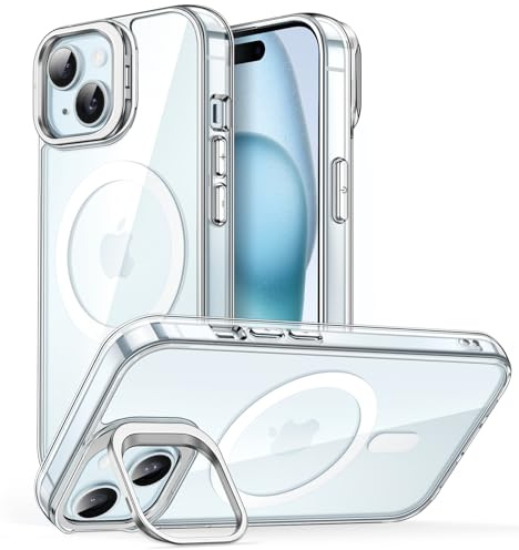 JETech Kickstand Case for iPhone 15, Clear | Compatible with MagSafe, Built-in Adjustable Camera Stand, Scratch Resistant Back, Shockproof Phone Bumper Cover