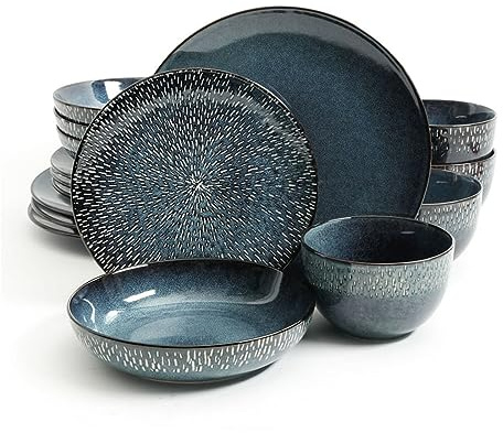 CAFIEDR Set di stoviglie a Doppia Ciotola da 16 Pezzi Set di stoviglie Vintage in gres ceramico con Cena (D Come Mostrato)