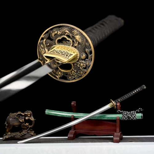 KWXPW 【Die Schönheit kalter Waffen】 Handgeschmiedet Samurai Schwert mit Naturholz Saya,Gemusterte Stahl Klinge mit Drehmuster,103 cm langes Katana mit geschnitzter Tsuba aus reinem Kupfer