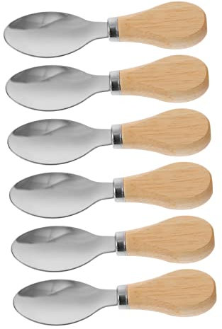 LABRIMP 6pcs Stainless Steel Slotted Spoons Wooden Handle Serving Spoons for Butter Jam Soup Kitchen Supply