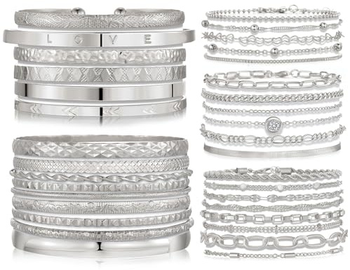 IFKM 5 PACK (35 PCS) Silver Chain Bangles Bracelets Set for Women, Silver Multiple Layered Stackable Open Cuff Bangle Anklet Bracelet Trendy Elegance Link Beads Italian Boho Cuban Jewelry for Women Gift