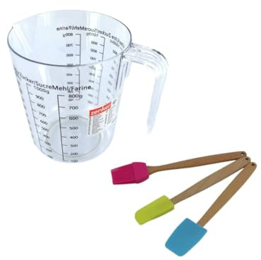 Zenker 9928150 Messbecher mit Henkel, Messbecher, Backutensilien-Set, Kunststoff, Transparent, Holz, Silikon, Rosa, Grün, Blau, 20 cm, 17 x 15,5 cm