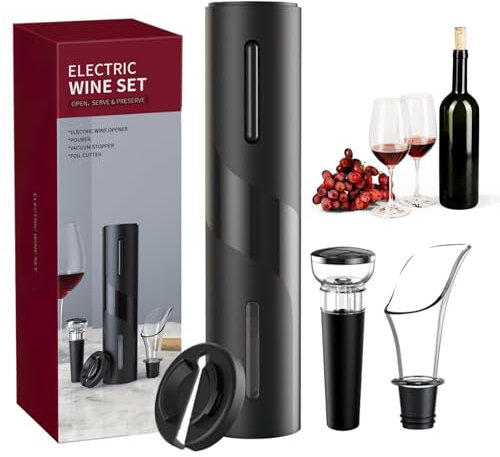 Cavatappi Elettrico per Vino, 4 In 1 Apribottiglie Elettrico Professionale Apribottiglie Automatico Vino con Tagliapasta Stagnola Tappo del Vino di Vuoto Versatore per Famiglia Festa Sala Pranzo(Nero)