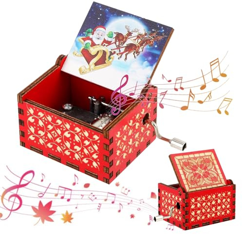 YUEXNKO Weihnachtsspieluhr aus Holz, Musikbox mit Kurbel, graviert, Weihnachts-Spieluhr (C)