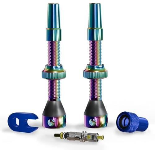 SHREDR. Kingpin Plus Tubeless Ventile Set | Presta Ventile Oil Slick schlauchlos | französisches Ventil für Normale MTB Felgen | inkl. Ventil-Adapter, Ersatz-Ventil und Werkzeug. (Rainbow, 44mm)