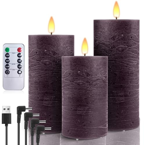 AnnSpa 3 Set Led Kerzen Aufladbar mit 10-Tasten Fernbedienung, Wiederaufladbare Kerzen Flammenlose Echtes Wachs Flackern Wick Yellow Light Pillar Candles mit Timerfunction für Weihnachten - Lila