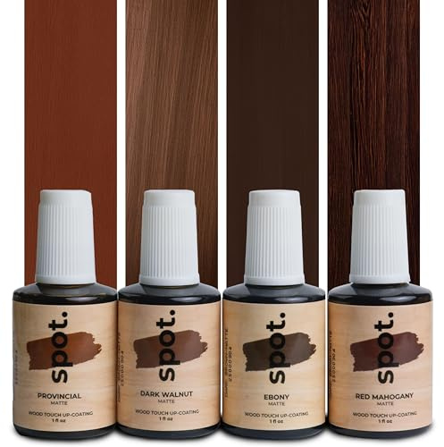 Dark Brown Wood Stain Repair Kit, Brush-On Touch-Up Stain Bottles, Provincial, Dark Walnut, Ebony, Red Mahogany, Interior and Exterior Wood, 4 fl oz Total by spot.