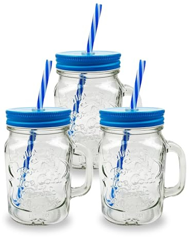 AIBULO 3-Pack Blue Mason Jars with Lids & Straws – 500ml Reusable Glass Drinking Jars for Smoothies, Iced Coffee, Milkshakes, Juices, Bubble Tea & More – Durable Wide-Mouth BPA-Free Mason Cup Set