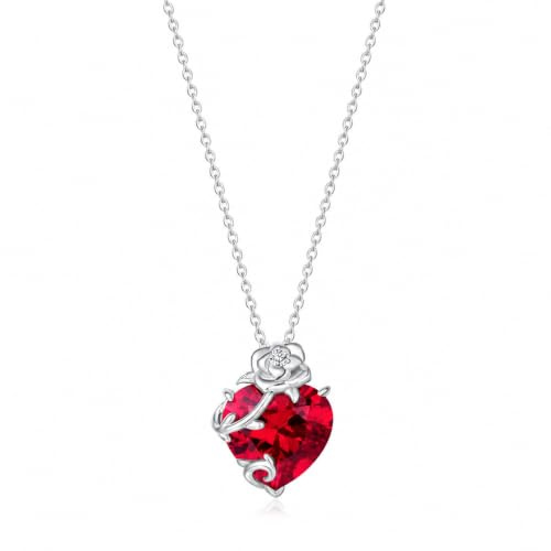 FANCIME Sterling Silver Heart Rose Ruby Pendant Necklace for Women