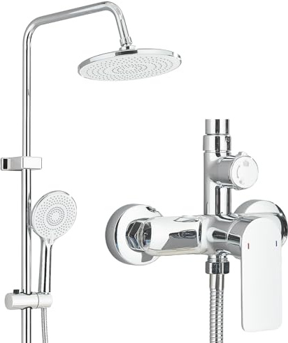 HUAHOMDY Duschsystem mit Armatur Chrom, Regendusche mit Armatur aus Messing, 25 cm Regendusche, 3 Strahlarten Duschkopf, Duscharmatur Komplettset, Duschset