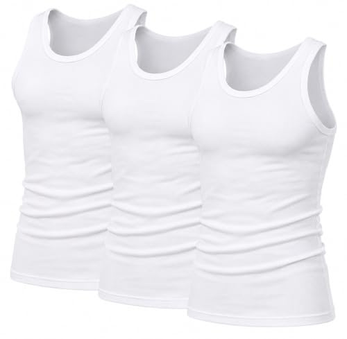 Herrvästar klassisk stil toppar sommar multipack – lätt torr passform linne för gym ärmlös träning män västar bomull svart vanlig t-shirt för vardag atletiska kläder löpning undertröja (paket 3), Vitt