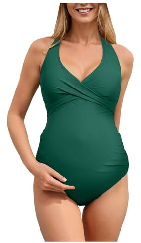 Women Swimsuit Maternity Bathing Suit Ladies HalterNeck Pregnancy Swimwear Deep V-Neck Swimsuits Backless Solid Color Beachwear Comfortable Swim Wear for Pregnant Women Swimming Costume (Green, S)