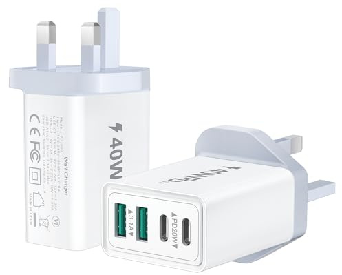 2-Pack USB C Plug Fast Charge, 40W 4-Port Charging Plug USB-C Charger Dual Port USBC Power Adaptor + QC Charger Plug, Multi USB Plug UK Type C Plug for iPhone 16 15 14 13 12 11 Pro Max, iPad, Samsung