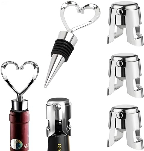 4 PCS Champagne Stoppers Champagne Stopper and Stainless Steel and Metal Heart-Shaped Wine Bottle Stoppers with Locking Clamp Leak-Proof Reusable Champagne Cork for Prosecco Cava Keep Bubbles Fresh