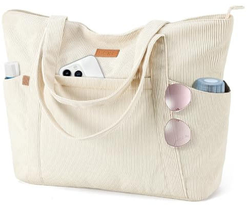 Lekespring Borsa Tote Bag Università Donna, Borsa a Tracolla Shopper Donna in Velluto a Coste con Cerniera, Borse a Spalla Porta PC 15.6 Pollici per Spiaggia Viaggo Lavoro Scuola Palestra, Beige S