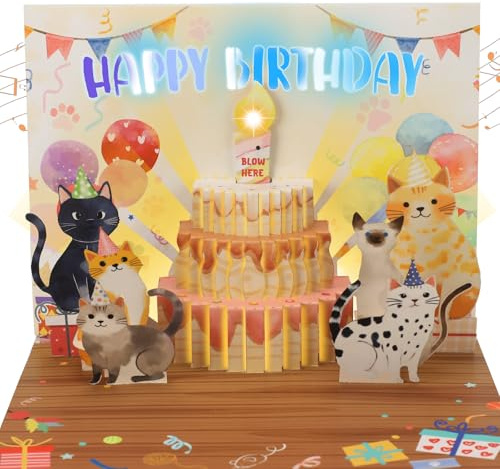 Geburtstagskarte mit Musik, 3D Lustige Katzen Geburtstagskarte mit Licht und ausblasbarer Kerze –Pop-up Happy Birthday Singende Karte Geburtstag für Männer, Frauen, Mann, Mädchen, Jungen