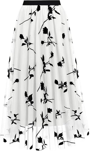 comefohome Skirts for Women UK Elasticated Waist Midi Length Pleated Tulle Skirt A Line Floral Long Summer Skirts White S-M