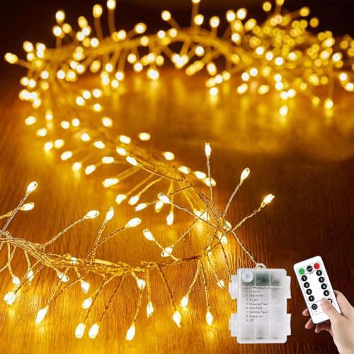 YUANYUYING Lucine con telecomando - Catena luminosa a forma di petardi, 1,4 m, 50 LED, impermeabili, a grappolo, ghirlanda di petardi a batteria per camera da letto, giardino (Bianco caldo)