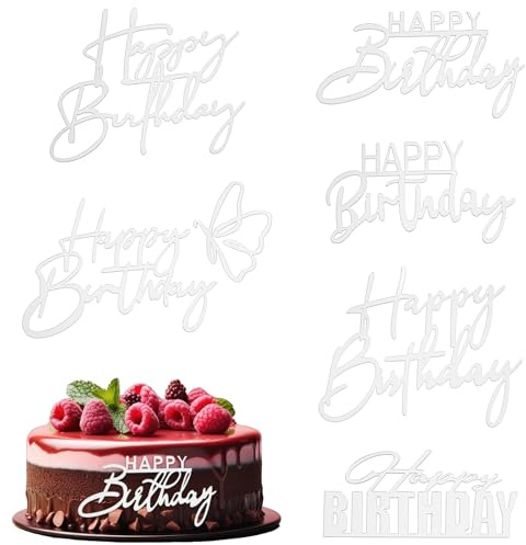 Matwsec 6PCS Acrylic Cake Topper Silver Happy Birthday Cake Toppers | Silver Birthday Decorations for Cake Decor Party Decor