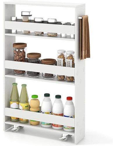 COSTWAY Chariot de Rangement 13 cm à roulettes, Desserte de Cuisine Etroit à 4 Niveaux avec Poignée Latérale et Roues Universelles avec Freins, Design Étroit pour Petit Espace (Blanc)
