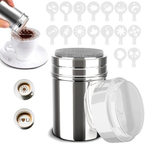 Espolvoreador de Cacao con Malla Tapa,Lata de Polvo de Acero Inoxidable,Coctelera de Chocolate con 16 Plantilla,Espolvoreador de Cacao para Café Capuchino Latté Azúcar Sal Harina de Cacao