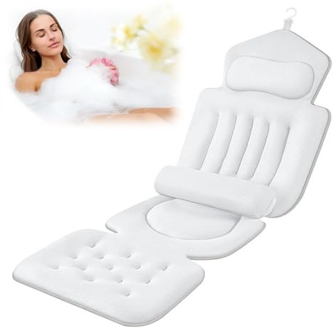 Badewannenkissen Ganzkörper (133 * 40cm), Badkissen mit 192 Saugnäpfen, 5D Air Mesh badewannenmatte, badewannenmatte mit Lendenstütze und Aufhängehaken, lässt Sich schnell trocknen
