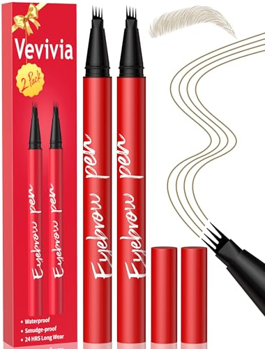 Vevivia Beauty Lápices de cejas – 2 Pack Eyebrow Pen con 4 puntas precisas para cejas naturales, trazos similares al cabello para todos los tipos de cejas, de larga duración, marrón claro