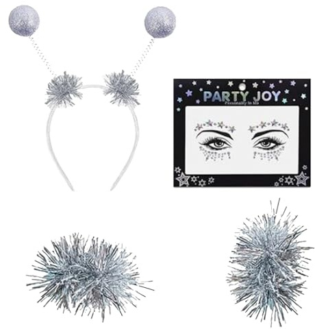 Rainway Alien Kostüm Set - Glitzer Silber Haarreif Armbänder Gesichtsaufkleber, Kopfschmuck mit 2 Runden Schwingenden Bällen, Alien Kostüm Zubehör Damen für Karneval & Fasching Cosplay Maskerade