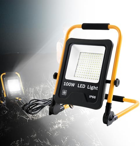 Suusolny 100W LED Baustrahler mit U förmige Halterung,8500LM LED Fluter,Arbeitsleuchte mit Stecker, IP66 Wasserdicht Baustrahler mit 3M Kabel, Faltbar für Werkstatt,Baustelle,Fotostudio - Kaltweiß