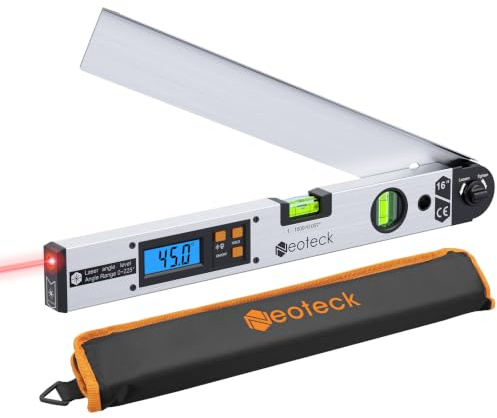 Neoteck Rapporteur d’Angle Laser 225° – Outil de Mesure d’Angle Numérique Précision ±0,5°, Règle d’Angle Aluminium avec Laser de Guidage, HOLD & Verrouillage, Bricolage, Menuiserie, Chantier - Argent