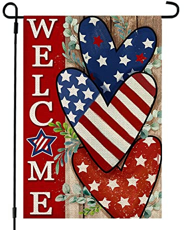 Drapeaux De Jardin 4Th Of July Patriotic Welcome Usa Hearts Blue Red Memorial Day Independence Day Décorations Bannière Extérieure Résiste Aux Intempéries Treer Drapeau Pour Célébrations Patio M