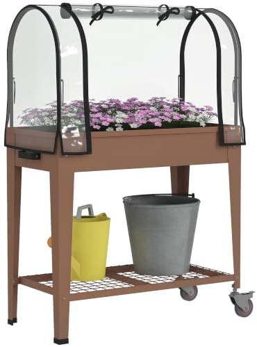 Outsunny Jardinière Surélevée Potager Bâche 80L x 40l x 120H cm Marron | Transparente, Mini Serre de Jardin, 2 Roulettes, 1 Étagère Inférieure, pour Légumes, Fleurs