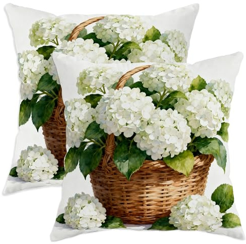 Juego de 2 fundas de cojín de hortensia, diseño floral natural de hojas de cesta color blanco primaveral, terciopelo suave, lavable, fundas decorativas para el hogar, sala de estar, dormitorio, sofá