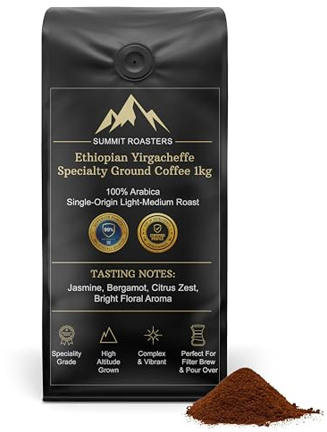 Summit Roasters Ground Coffee 1kg – Ethiopian Yirgacheffe Speciality Coffee – Single Origin Medium Light Roast – Freshly Roasted Arabica with Jasmine & Bergamot Notes – Filter & Pour Over