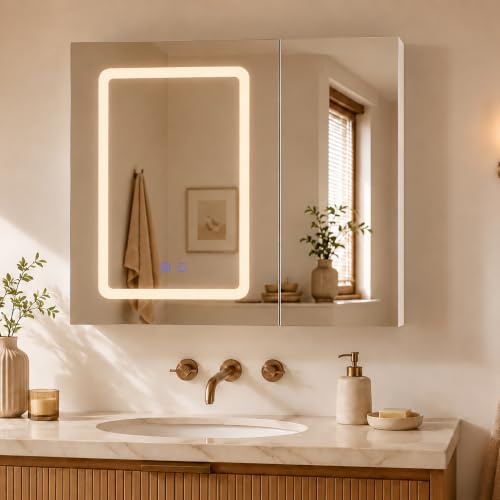 QMTXBYJ Armadietto da bagno con specchio e illuminazione a LED, armadio da parete bagno con 4 ripiani regolabili e 2 ante, armadio da toilette a specchio con interruttore a sensore, 70 x 60 x 13,5 cm