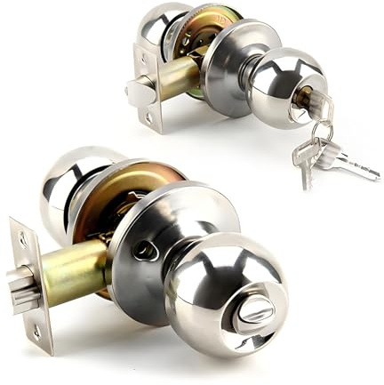 BREEZENEST Heavy Duty Stainless Steel Door Knob Set with 3 Keys Privacy Bedroom Bathroom Lock Adjustable Latch Interior Door Handle Kit for Home Office Commercial Left/Right Hand Compatible